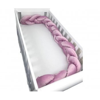 Apărătoare laterala pătuț bebe bumper împletită din catifea, 240 cm, imprimeu roz pudrat