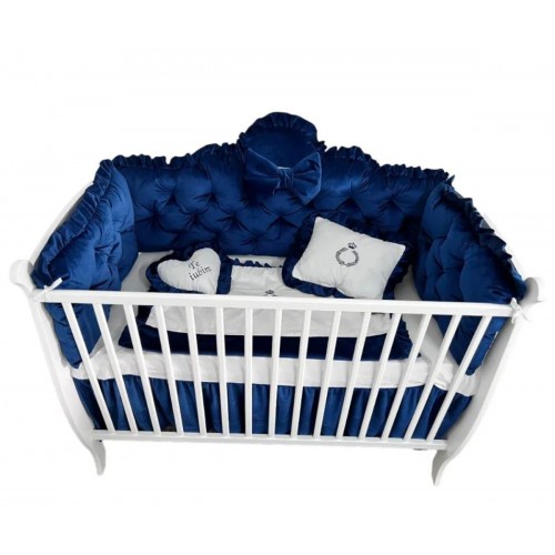 Lenjerie pătuț bebeluși din catifea culoarea albastru royal cu apărători matlasate, cearșaf, păturică și pernuta din catifea albastra, 120\60 cm