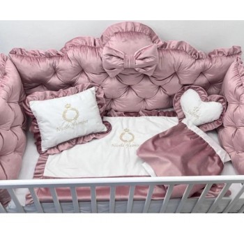 Lenjerie pătuț bebeluși din catifea roz somon prăfuit cu apărători matlasate, cearșaf, păturică și pernuta din catifea, 120\60 cm